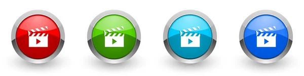 Web, internet ve mobil uygulamalar için beyaz arkaplanda izole edilmiş dört renk seçeneklerinde video gümüş metalik simgeler, kırmızı, modern tasarım düğmeleri kümesi — Stok fotoğraf