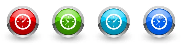 Hora, reloj, ver plata iconos brillantes metálicos, rojo, conjunto de botones de diseño moderno para aplicaciones web, Internet y móviles en cuatro opciones de colores aislados sobre fondo blanco —  Fotos de Stock