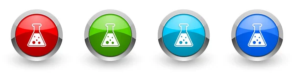 Bilim, laboratuvar, kimya gümüş metalik simgeler, kırmızı, web, internet ve mobil uygulamalar için dört renk seçeneğiyle modern tasarım düğmeleri beyaz arkaplanda izole edilmiş — Stok fotoğraf