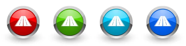 Yol gümüş metalik simgeler, kırmızı, web, internet ve mobil uygulamalar için dört renk seçenekleri için modern tasarım düğmeleri beyaz arkaplanda izole edilmiş — Stok fotoğraf