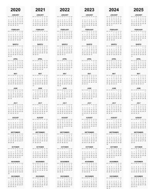 Simple editable vector calendars for year 2020 2021 2022 2023 2024 2025 mondays first vector