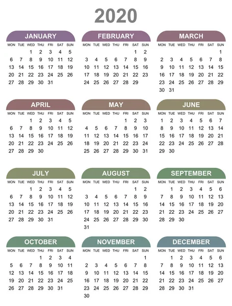 Calendario vectorial editable simple para el año 2020 lunes primero — Vector de stock