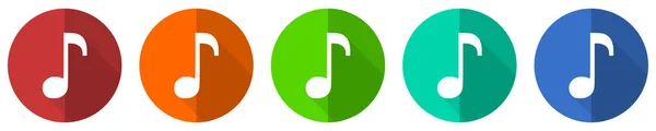 Zestaw Ikon Muzycznych Czerwony Niebieski Zielony Pomarańczowy Płaski Wzór Przyciski — Zdjęcie stockowe