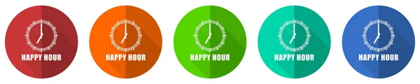 Happy Hour Ikona Zestaw Czerwony Niebieski Zielony Pomarańczowy Płaski Wzór — Zdjęcie stockowe