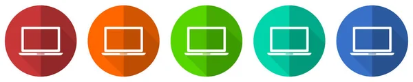 Notebook Laptop Ikon Készlet Piros Kék Zöld Narancssárga Lapos Design — Stock Fotó