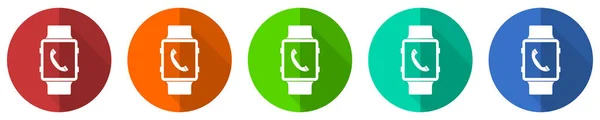 Smartwatch Icon Set Phone Call Red Blue Green Orange Flat — Stock Photo, Image