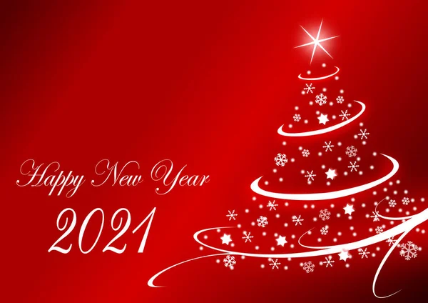 Happy New Year 2021 Greeting Card Christmas Tree Red Background — Stock Photo, Image