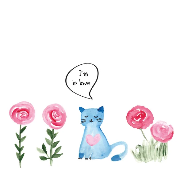 Ilustração Aquarela Colorida Com Gato Doce Flores Perfeitas Para Dia — Vetor de Stock