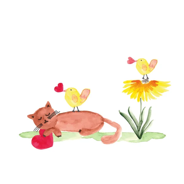 Ilustração Aquarela Colorida Com Gato Doce Pássaros Flor Perfeita Para — Vetor de Stock