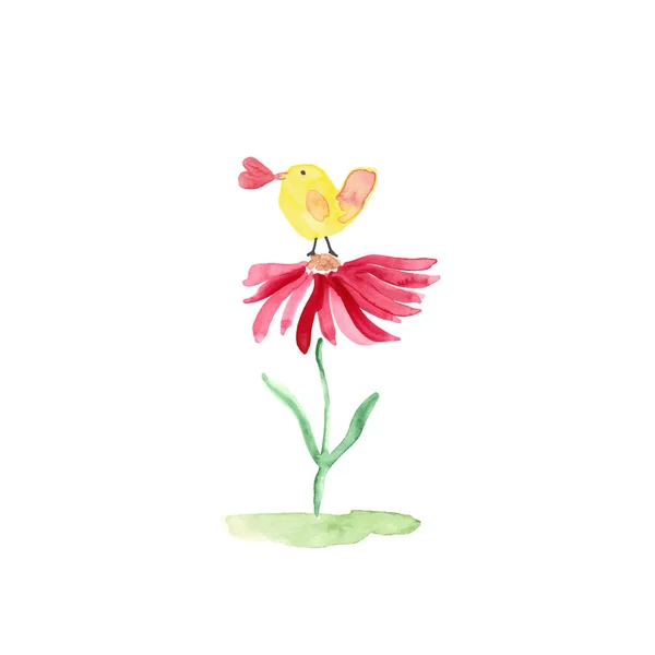 Ilustração Aquarela Colorida Com Pássaro Doce Flor Perfeita Para Dia —  Vetores de Stock