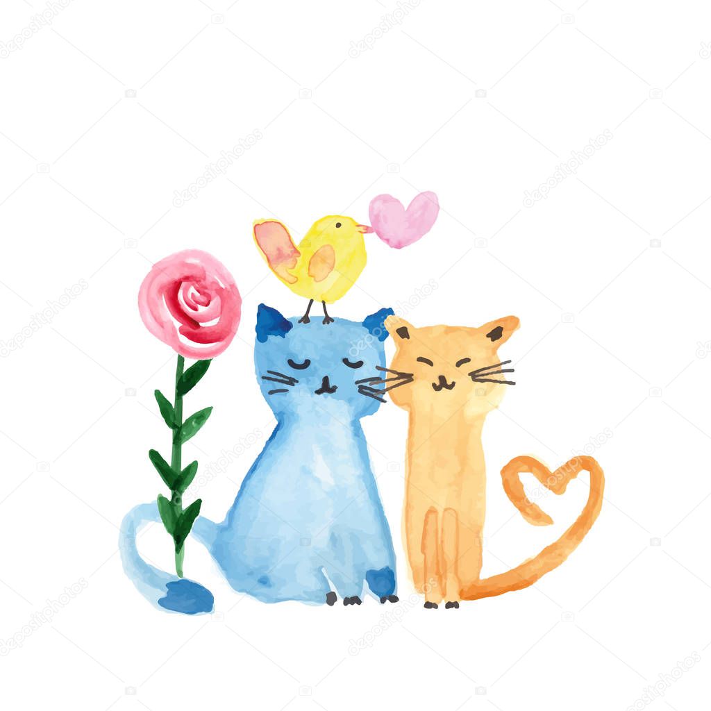 Colorful watercolor illustration with sweet cats, bird and flowers perfect for valentine's day