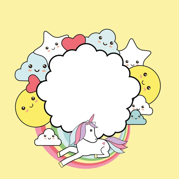 Cadre Mignon Avec Licorne Douce Étoiles Nuages Soleil Style Kawaii — Image vectorielle