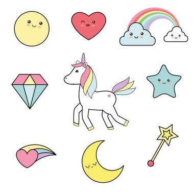 Tek boynuzlu at elemanları - kawaii tarzı ile sevimli vektör