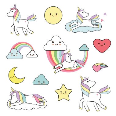 Tek boynuzlu at elemanları - kawaii tarzı ile sevimli vektör