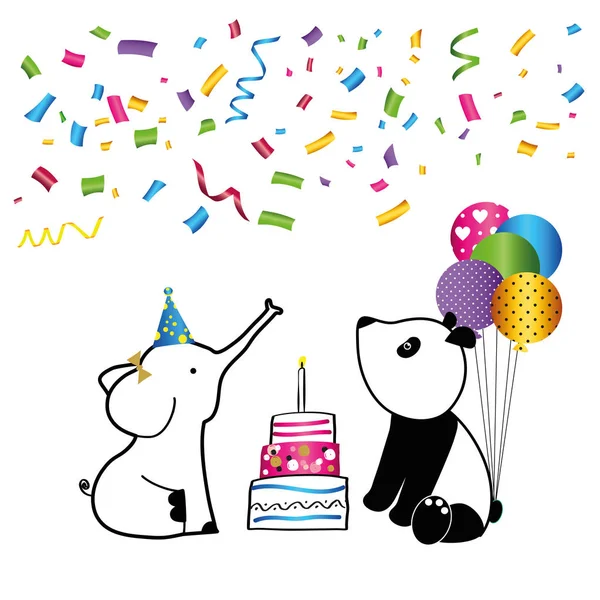 Kleurrijke Verjaardagskaart Met Zoete Dieren Confetti — Stockvector