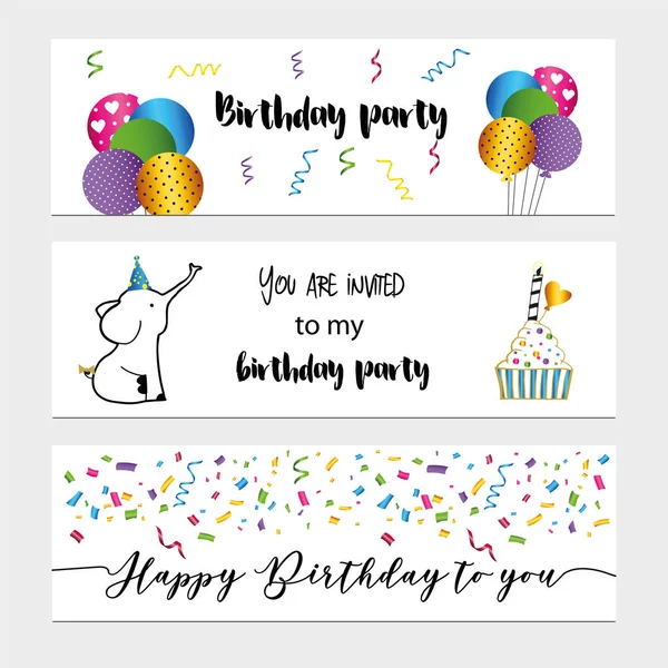 Kleurrijke Verjaardagskaarten Met Zoete Dieren Cakes Confetti — Stockvector