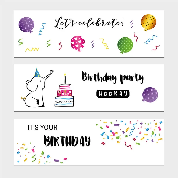 Tarjetas Cumpleaños Coloridas Con Animales Dulces Pasteles Confeti — Vector de stock