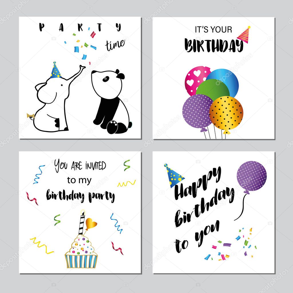 Colorful birthday cards with sweet animals, cakes and confetti