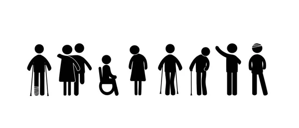 Geestelijk en lichamelijk gehandicapten. Zwarte pictogrammen — Stockvector