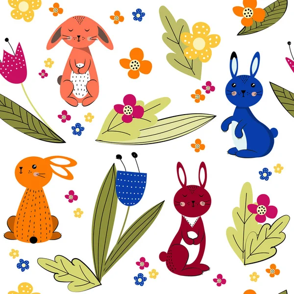 ¡Hola primavera! Flores coloridas y conejos dulces — Vector de stock