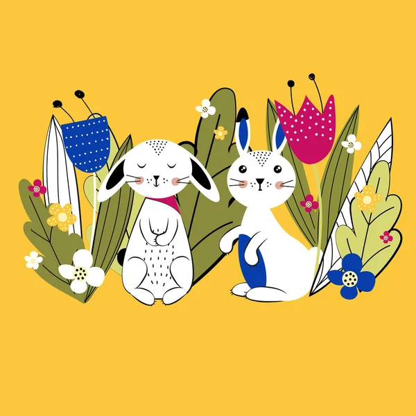 Hallo Frühling! bunte Blumen und süße Kaninchen — Stockvektor