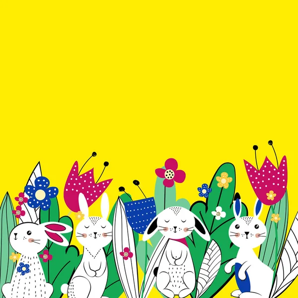 こんにちは春!色とりどりの花や甘いウサギ — ストックベクタ
