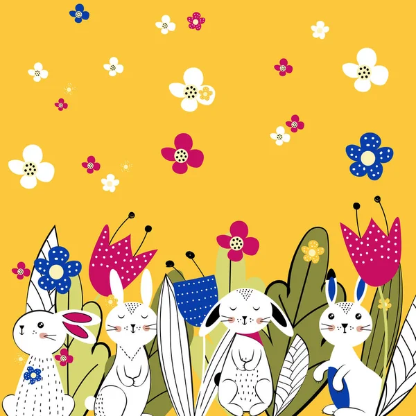 Olá primavera! Flores coloridas e coelhos doces — Vetor de Stock