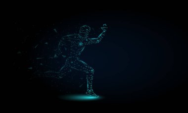Düşük Poly, Çokgen ve üçgen ile soyut Sprinter futuristik arka plan. Noktalar, daireler ve çizgiler spor Runner kavramı. Moleküler kavram. Tel çerçeve ışık bağlantı yapısı vektör Illüstrasyon