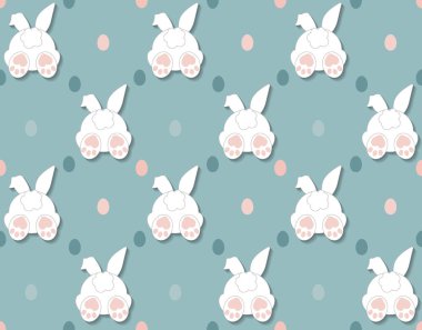 Tavşan deseni dokusu. Sevimli vektör karikatür arka plan. Bunny ayak ve kuyruk tavşan çocuk dekorasyon arka plan. Vektör