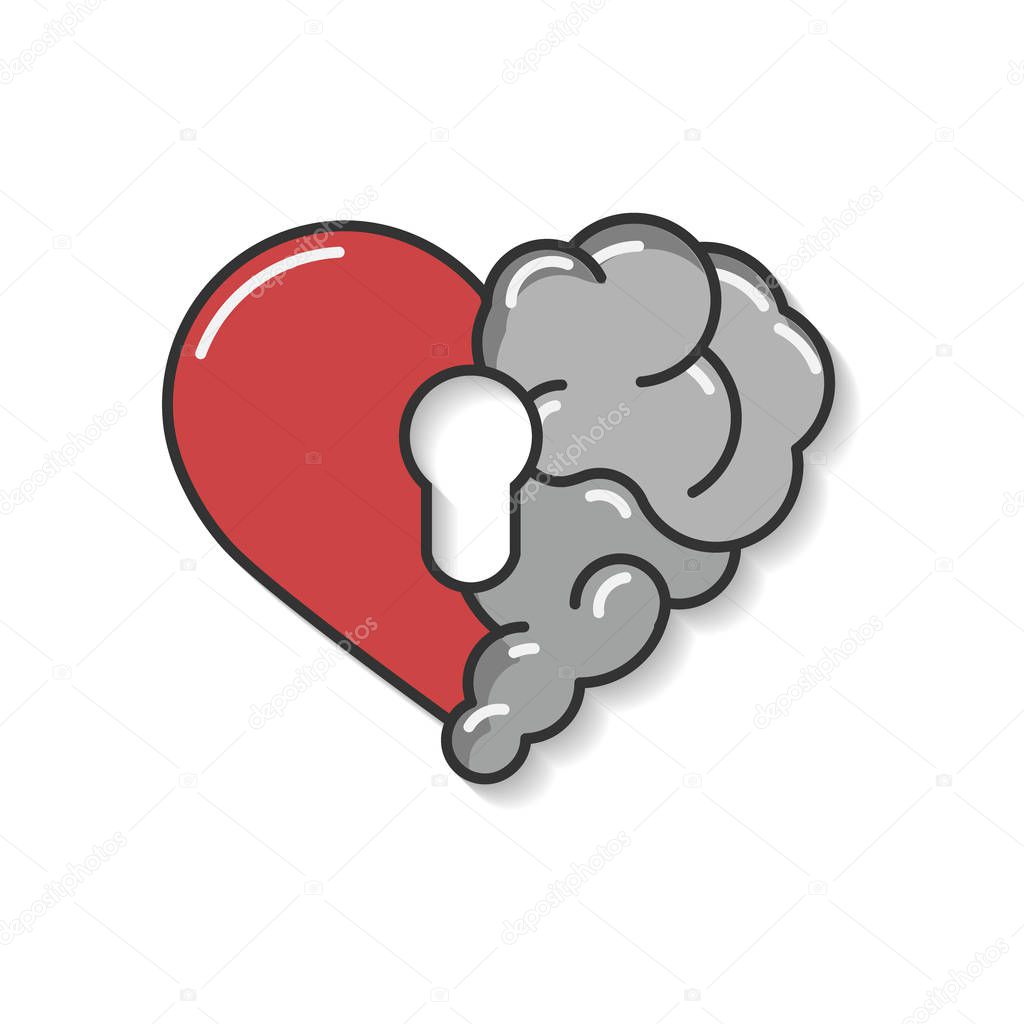 Emotional brain lock security. Broken Heart and Brain with key hall vector flat modern icon logo vector design. Interaction between soul key for intelligence, emotions, loneliness, divorce, broken relationship, rational thinking