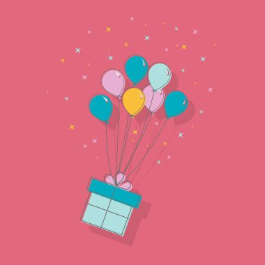 Balon simgesi veya tebrik tatil kartı ile hediye kutusu. Düz tasarım