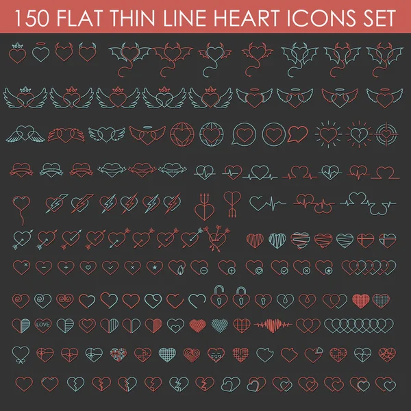 150 Icone a forma di cuore piatto e sottile — Vettoriale Stock