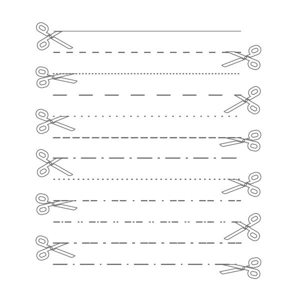 Tijeras vectores con líneas de corte, punto, líneas discontinuas. Líneas divisorias — Archivo Imágenes Vectoriales