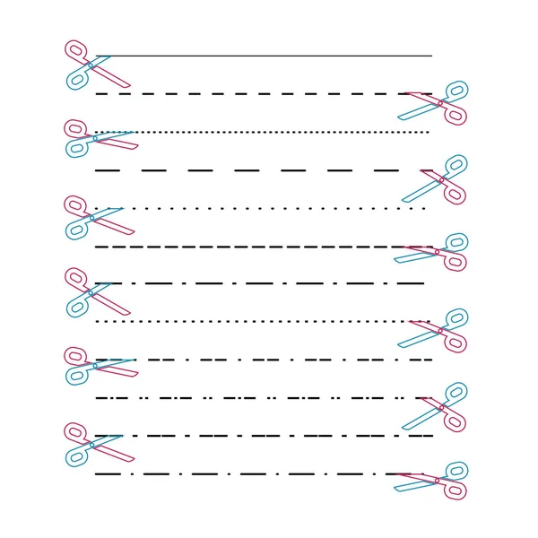 Vecteurs de ciseaux avec lignes coupées, points, lignes pointillées. Diviser le lin — Image vectorielle