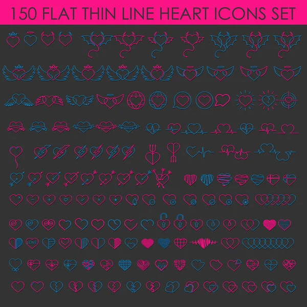 150 düz Ince çizgi kalp simgeleri seti — Stok Vektör