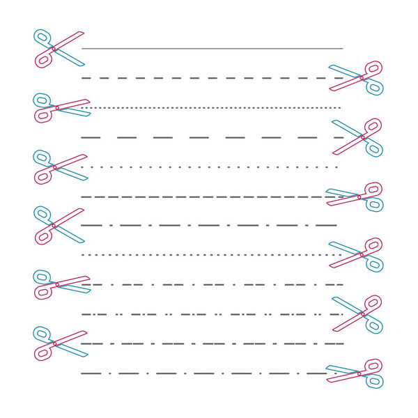 Scissors vectors with cut lines, dot, dashed lines. Dividing lin