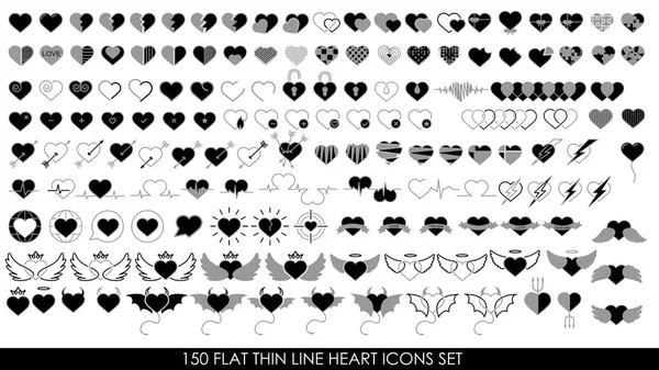 150 FLAT THIN LINE HEART ICONS SET — Stock Vector