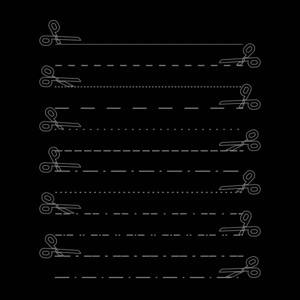 Tijeras vectores con líneas de corte, punto, líneas discontinuas. Líneas divisorias — Archivo Imágenes Vectoriales