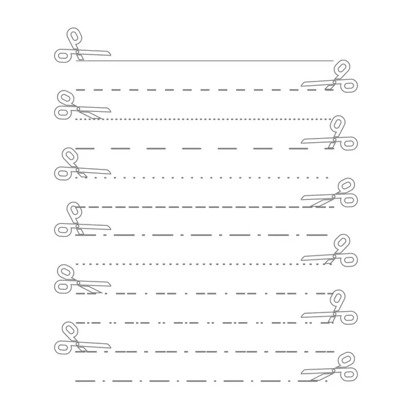 Scissors vectors with cut lines, dot, dashed lines. Dividing lin — Stock Vector