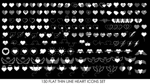 150 flache dünne Linien Herzsymbole gesetzt — Stockvektor