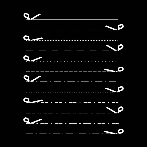 Tijeras vectores con líneas de corte, punto, líneas discontinuas. Líneas divisorias — Archivo Imágenes Vectoriales