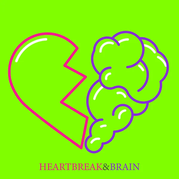 Heartbreak vektor. Broken Heart och Brain platt modern ikon logo typ — Stock vektor