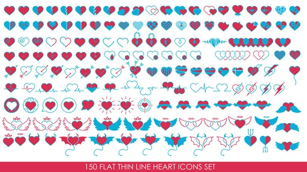 150 plochý tenký spojnicový s ikonami srdce — Stockový vektor