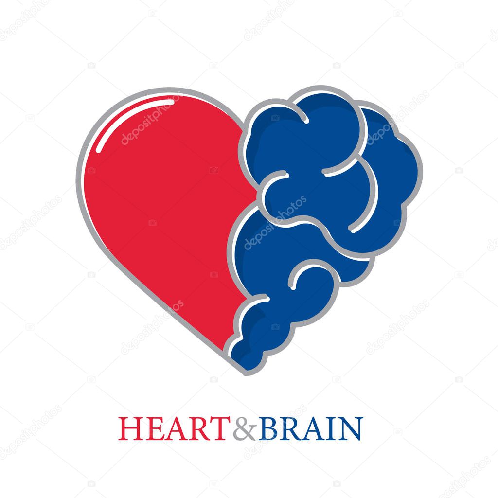 Heart and Brain flat modern icon logo vector design. Interaction