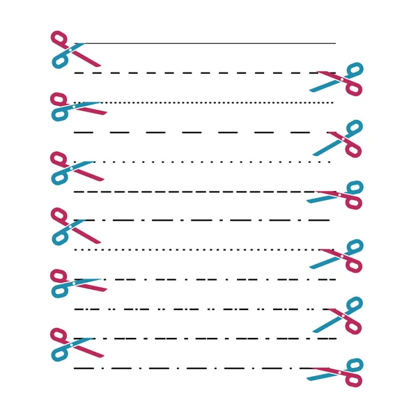 Vecteurs de ciseaux avec lignes coupées, points, lignes pointillées. Découpage des lignes. Vecteur — Image vectorielle