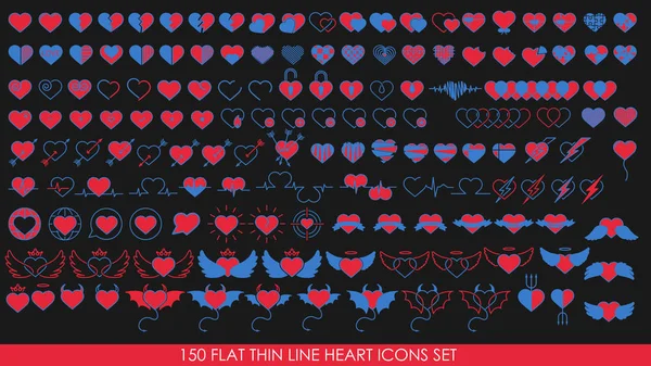 150 Icone a forma di cuore piatto e sottile — Vettoriale Stock