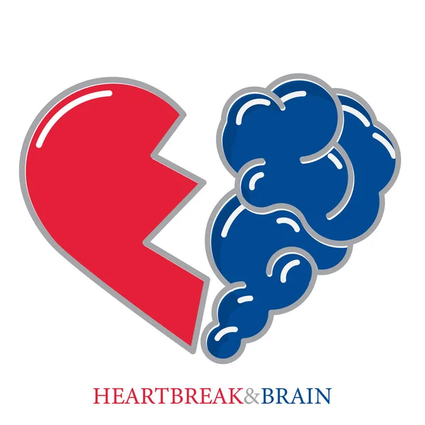Heartbreak vektörü. Kırık kalp ve beyin düz modern simge Logo vektör tasarım. Ruh ve zeka, duygular, yalnızlık, boşanma, kırık ilişki, rasyonel düşünme arasındaki etkileşim — Stok Vektör