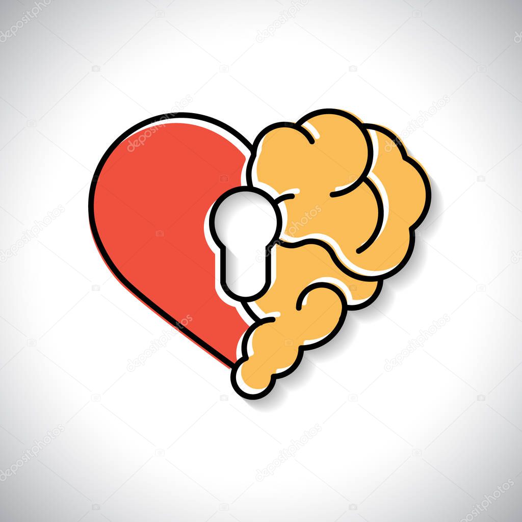 Emotional brain lock security. Broken Heart and Brain with key hall vector flat modern icon logo vector design. Interaction between soul key for intelligence, emotions, loneliness, divorce, broken relationship, rational thinking