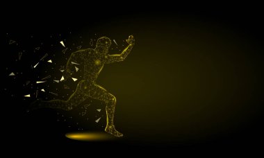 Düşük Poly, Çokgen ve üçgen ile soyut Sprinter futuristik arka plan. Noktalar, daireler ve çizgiler spor Runner kavramı. Moleküler kavram. Tel kafes ışık bağlantı yapısı vektör Illüstrasyon