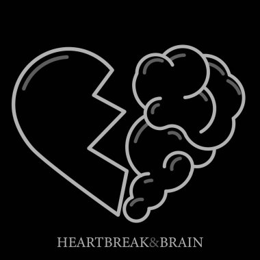 Heartbreak vektörü. Kırık kalp ve beyin düz modern simge Logo vektör tasarım. Ruh ve zeka, duygular, yalnızlık, boşanma, kırık ilişki, rasyonel düşünme arasındaki etkileşim 